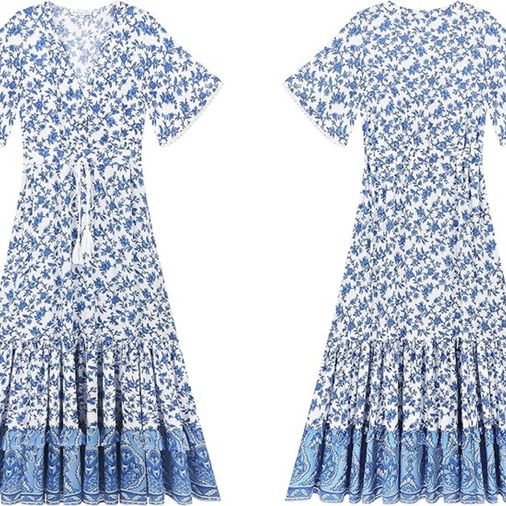 R.Vivimos Summer Floral Print Maxi Short Bell  Sleeve Dress Size L - Picture 5 of 15